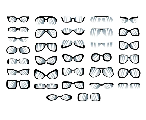 Set Gafas Sol Monturas Negras Estilo Plano Aisladas Sobre Fondo — Vector de stock