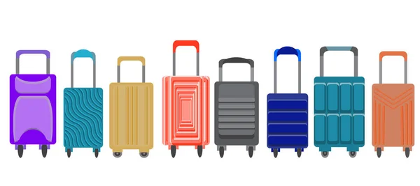用于旅行的多色旅行箱的向量集 收集了八种不同的度假行李设计 在海边度假的有趣的五彩斑斓的旅行袋 扁平式说明 — 图库矢量图片