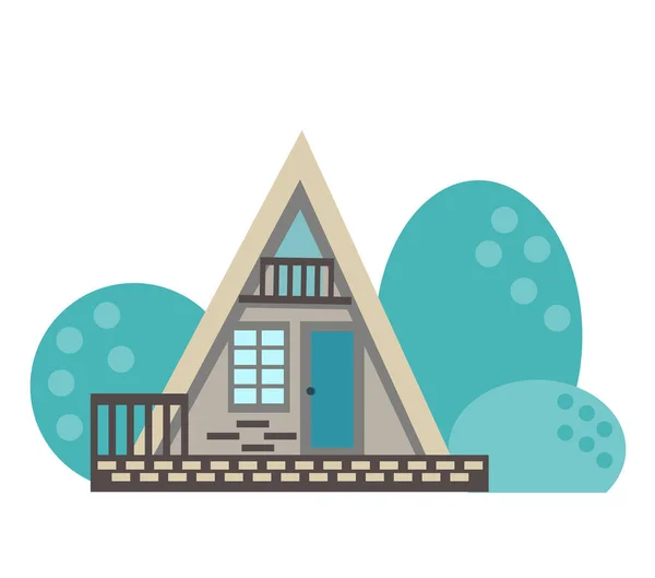 緑の茂みやデザイン要素の生態系の家のアイコン かわいい家は 漫画のスタイルで描かれ 白い背景に孤立した 平面図のベクトル図 — ストックベクタ