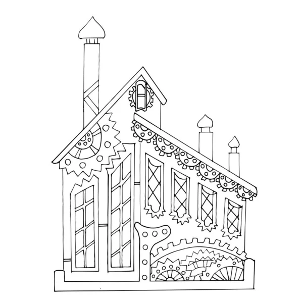Wektorowa Ilustracja Steampunkowego Domu Fantastyczna Architektura Przekładniami Rurami Mechanizmami Kolorowanki — Wektor stockowy