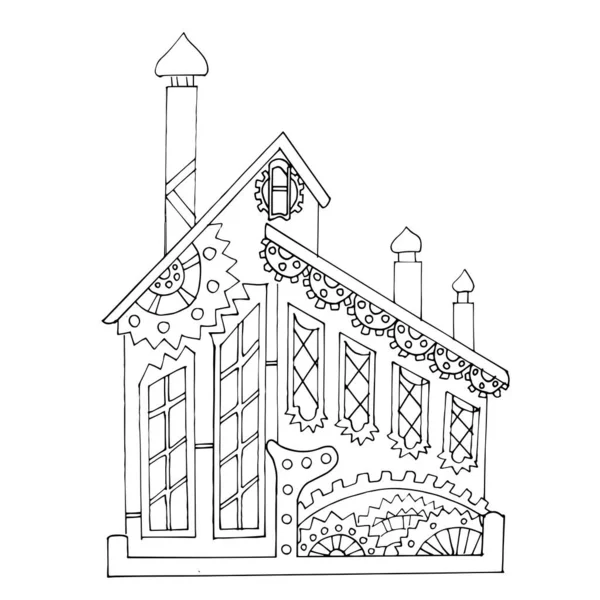 Векторная Иллюстрация Стимпанк Хауса Архитектура Гирляндами Трубами Механизмами Окраска Страниц — стоковый вектор