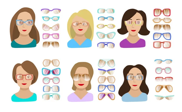 Choosing Shape Glasses Different Types Face Woman Glasses Shapes Different — 스톡 벡터