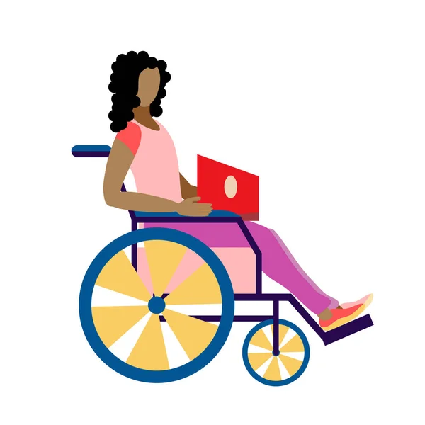 African American Girl Laptop Sitting Wheelchair Student Disability Concept Equal — Stock Vector