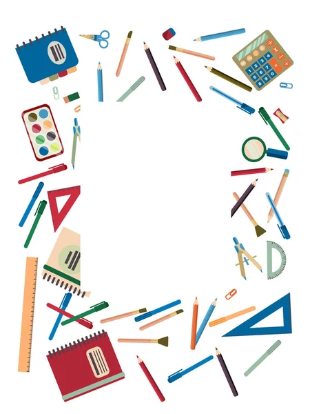 Vertical Frame Randomly Arranged School Supplies Back School Vector Illustration — 스톡 벡터