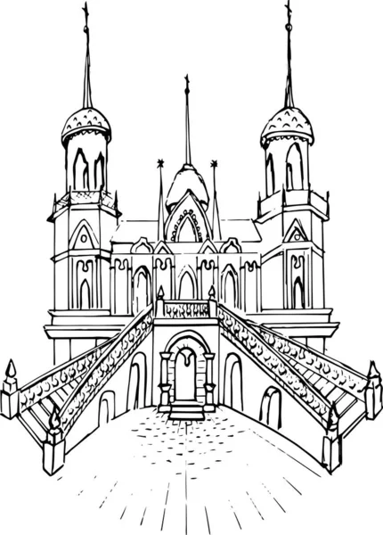 手描きのロシア正教会 ブコヴォのウラジーミル教会のベクトル線型黒と白のイラスト ネオゴシック様式のロシア建築 レトロなスケッチスタイル — ストックベクタ
