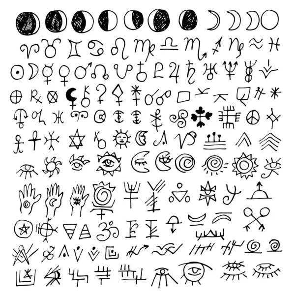 Büyük bir simya seti, astrolojik ve ezoterik işaretler. Zodyak işaretleri, gezegenler, asteroitler ve ay evrelerinin sembolleri. Beyaz arkaplanda izole edilmiş siyah vektör simgeleri Doodle tarzında.