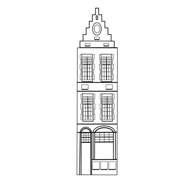 古老的欧洲房子 斯堪的纳维亚城市 荷兰的房子 老式建筑的花哨的立面 矢量模板 禅宗式的成人抗压着色书的素描 页面着色的矢量说明 — 图库矢量图片