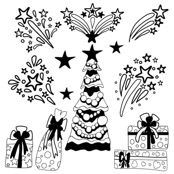 Felice Anno Nuovo Natale Disegno Vettoriale Stile Doodle Set Vettoriale — Vettoriale Stock