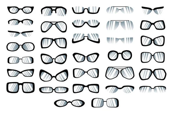 stock vector Set of sunglasses in black frames in a flat style isolated on a white background. Eyeglasses set vector illustration. Vintage, classic, modern style glasses rim silhouette. Stylish female optical. 