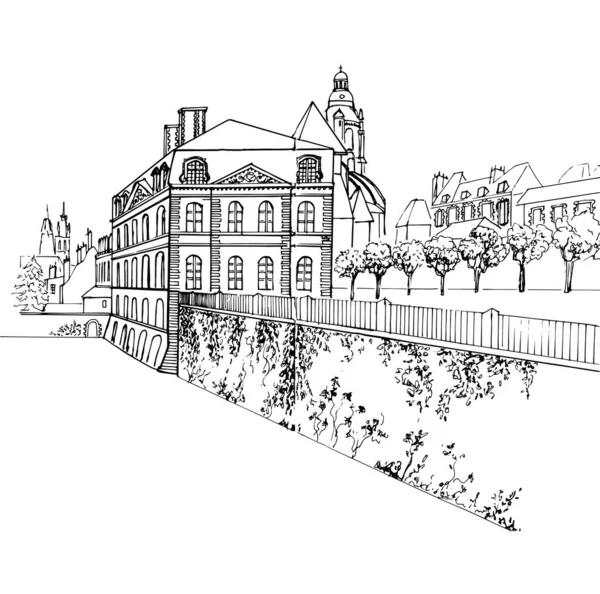 Old French Architecture Blois Old Abbey Garden Vector Illustration Sketch — 스톡 벡터