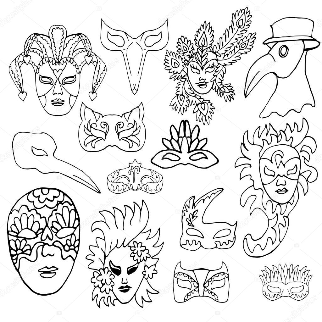 Set of hand-drawn doodle face masks. Cat masks, a Plague Doctor, of harlequin. Festival Mardi Gras, masquerade. Isolated on white background. For coloring book for adult or element for design.