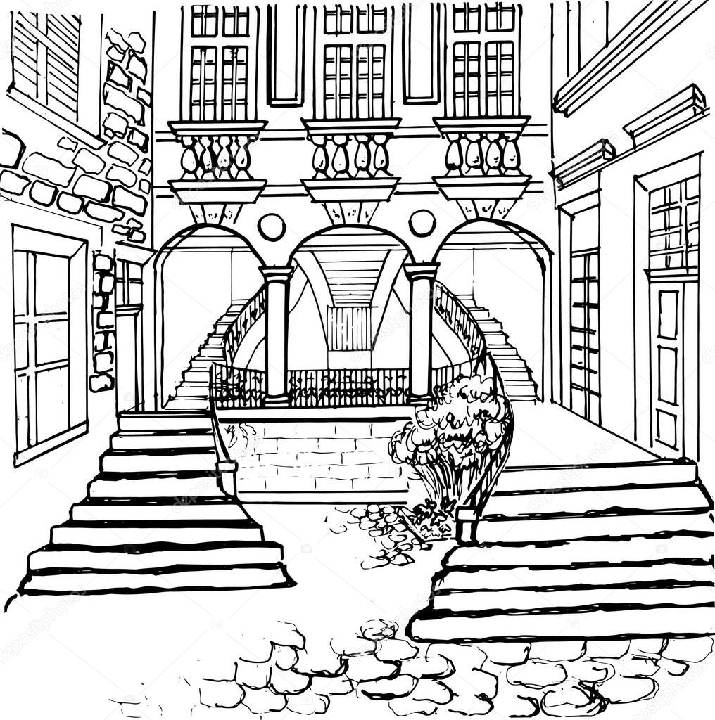 French architecture.Courtyard of an old French house in the city of Chinon.Vector drawing in the style of the sketch. For illustration in a art textbook, a coloring book for children and adults.