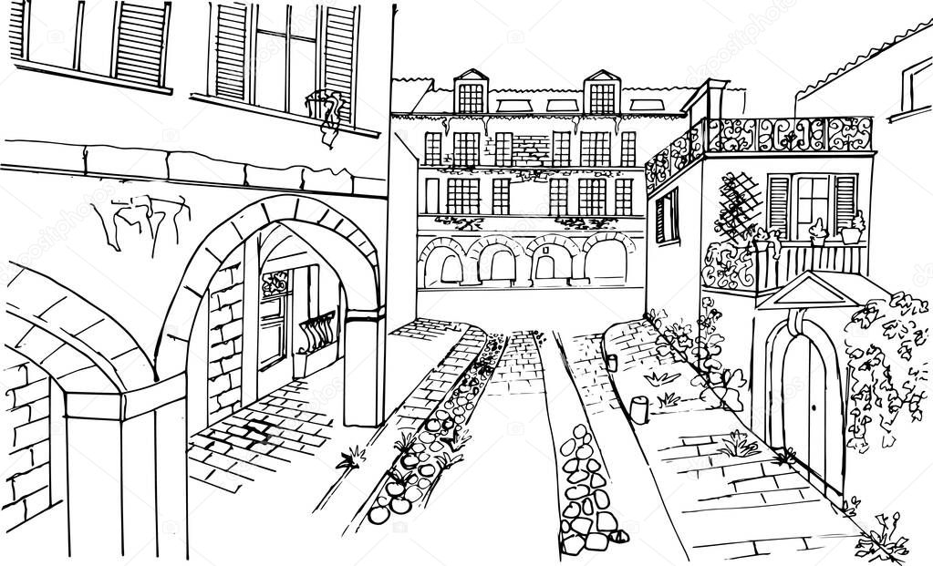 French architecture.Nice old street in the city of La Rochelle .Vector drawing in the style of the sketch. For illustration in an art textbook, coloring book for children and adults.