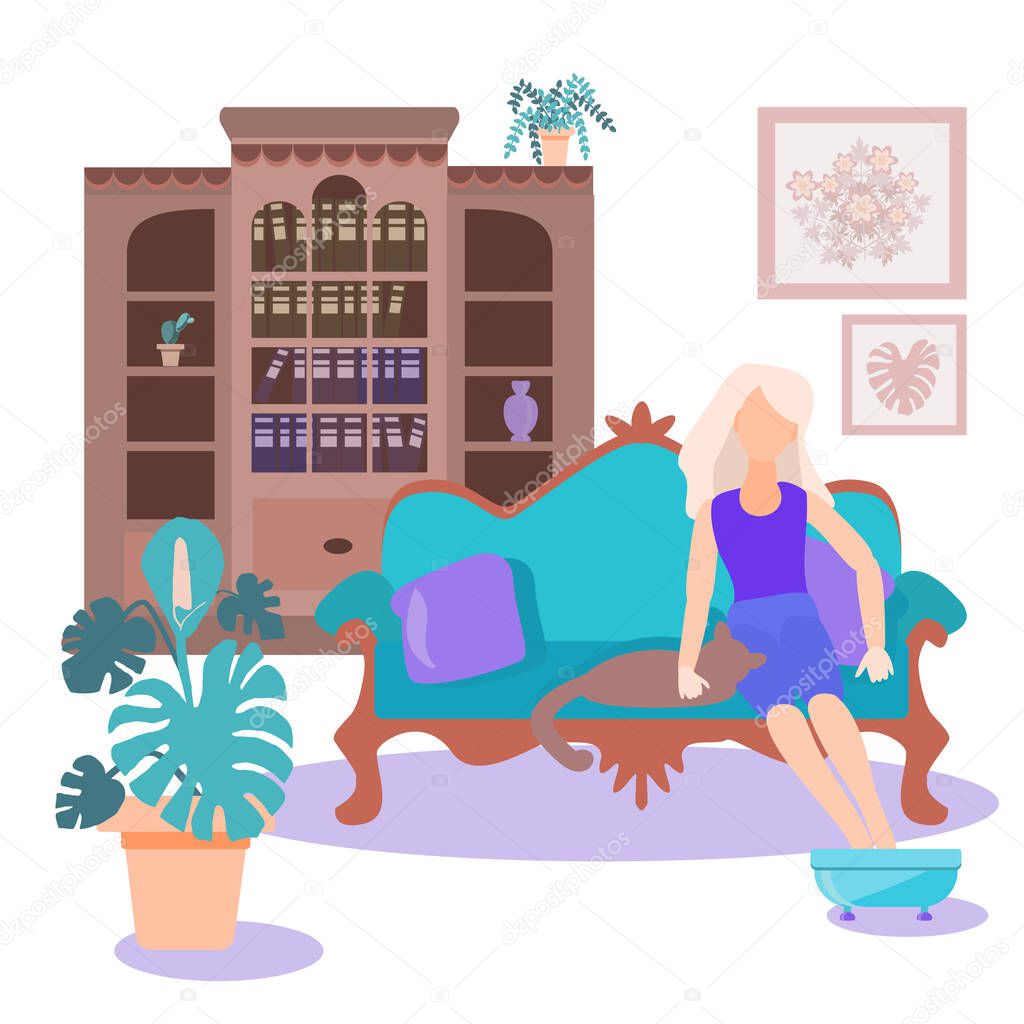 Young girl is sitting at home on the sofa, stroking a cat, taking a foot bath. Woman  makes a hot tub for her feet. Relaxing at home. Self-care procedures. Vector illustration in flat style.