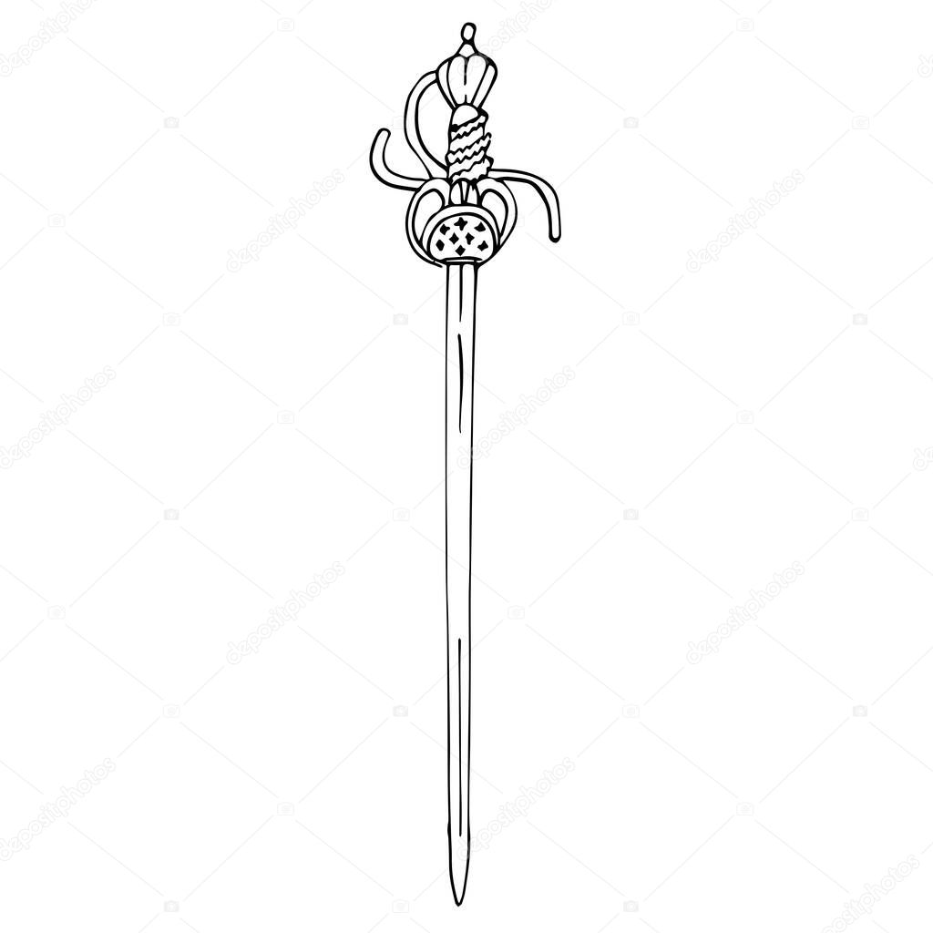 Single antique sword with a figured hilt. The outline drawing of the sword is isolated on a white background. Vector illustration in hand-drawn style. A design or coloring element.