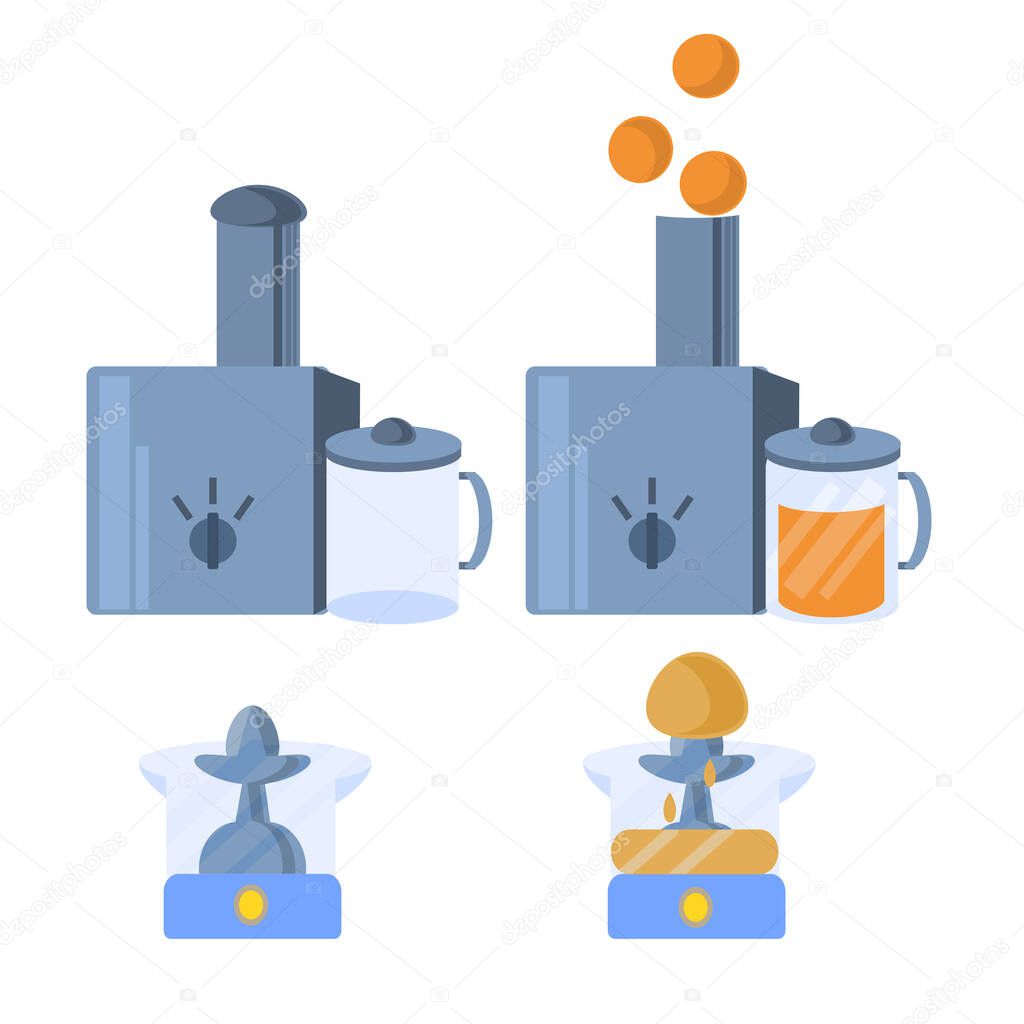 Set of Citrus Fruit Juicers a white background. Juicers are empty and with the juice squeezed out. Kitchen appliance. Equipment for the kitchen. Vector illustration in flat style.