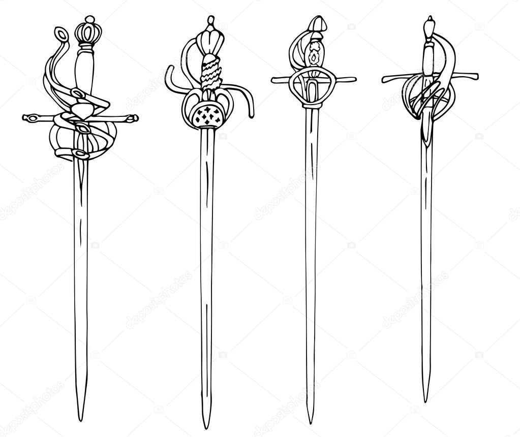 Collection of antique swords with a figured handle. The outline drawing of swords is isolated on a white background. Vector illustration in a hand-drawn style. A design or coloring element.