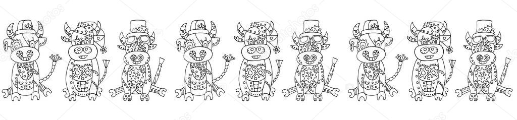 Christmas horizontal border with the symbol of 2021. Horizontal frieze with bulls in the steampunk style.Christmas and new year background in steampunk style. Vector black and white linear background. vector Christmas horizontal border with the symbol of 2021. Horizontal frieze with bulls in the steampunk style.Christmas and new year background in steampunk style. Vector black and white linear background. vector