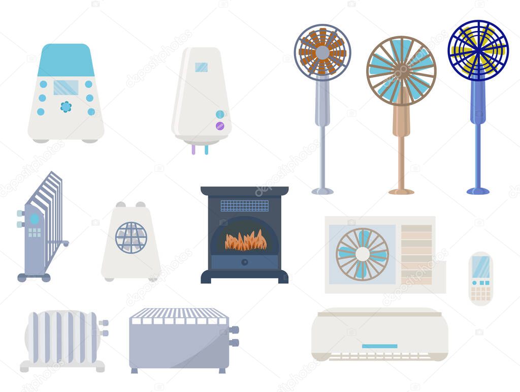 Collection of climate equipment for the home.Set of equipment for a comfortable climate in the house. Fans, air conditioners, radiators, water heaters, humidifiers, electric fireplaces are isolated.