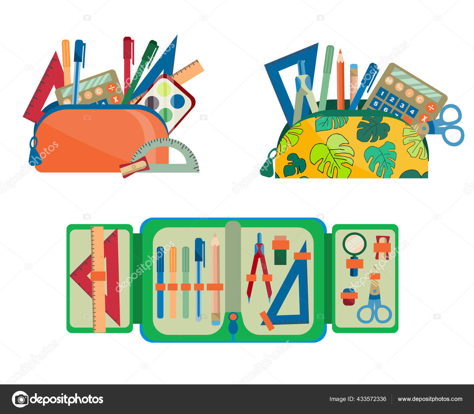 Collection School Supplies Pencil Case Pencil Cases Tools Drawing Writing  Stock Vector by ©Nadine.de.trevile 433572336