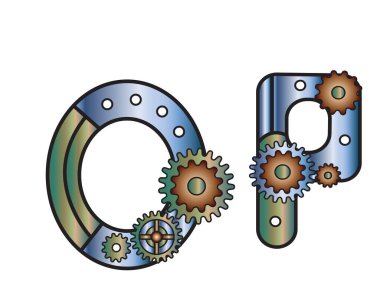 Steampunk stilindeki yazı tipi. Vitesli mekanik metal alfabesi. Logo ve metin için eski bir steampunk alfabesinin O P vektör çizimi. Tasarım ve dekorasyon için..