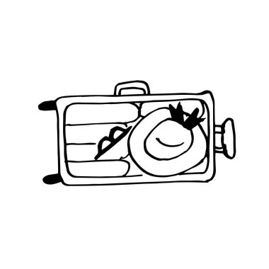 Open suitcase with things.  Vector drawing in Doodle style.A simple black and white picture on a summer theme.  Isolated on a white background. Element of design and decor. clipart