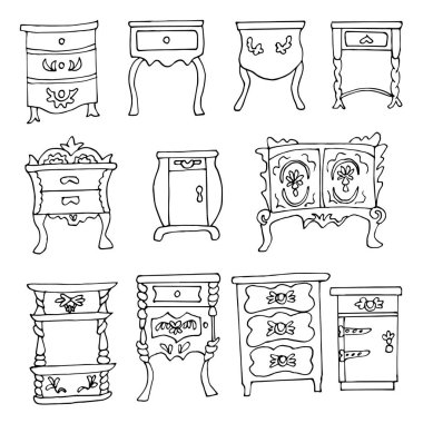 Çizim tarzında çizilmiş zarif antika çekmeceler ve komodinlerden oluşan bir set. Beyaz bir arka planda izole edilmiş. Retro antika mobilya koleksiyonu çizildi.
