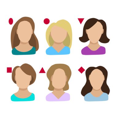 Kadın yüzü tipleri. Oval, yuvarlak, kare, dikdörtgen ve elmas şekilli bir yüz. Bir saç stili ve cam şekli seçmek için vektör şablonu. Çizim Vektörü düz stil