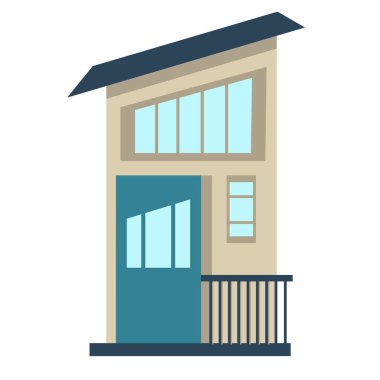 Ekolojik bir evin ve tasarım elementlerinin simgesi. Çizgi film tarzında çizilmiş şirin bir ev, beyaz arka planda izole edilmiş. Düz biçimli vektör illüstrasyonu.