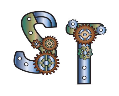 Steampunk stilindeki yazı tipi. Vitesli mekanik metal alfabesi. Logo ve metin için eski bir steampunk alfabesinin S T vektör çizimi. Tasarım ve dekorasyon için..