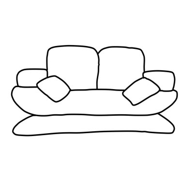 Yumuşak, modern kanepe. Doodle tarzında çizim. Beyaz bir arka planda izole edilmiş. Çizgilerde vektör çizimi. Rahat ve şık bir yatak. Tasarım, dekorasyon, ağ, renklendirme.