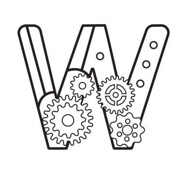 Steampunk stili yazı tipi. Çarkların mekanik alfabesi. Logo ve metin için klasik steampunk alfabesinin W. Vector illüstrasyonu. Çocuklar için harika boyama sayfaları 