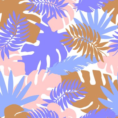 Muzlu, palmiyeli ve canavar yapraklı kusursuz desen. Tropikal yaprakların vektör arkaplanı. Çocuk odası dekorasyonu, duvar kağıdı, ambalaj kağıdı ve kumaş için düz bir illüstrasyon.