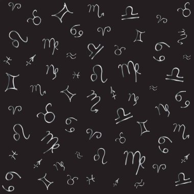 Zodyak işaretli, kusursuz bir şablon. Elle çizilmiş vektör sembolleri. Siyah arka planda gümüş astrolojik işaretlerle. Doodle tarzında illüstrasyon.