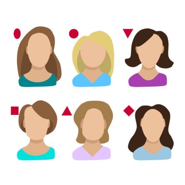 Kadın yüzü tipleri. Oval, yuvarlak, kare, dikdörtgen ve elmas şekilli bir yüz. Bir saç stili ve cam şekli seçmek için vektör şablonu. Çizim Vektörü düz stil