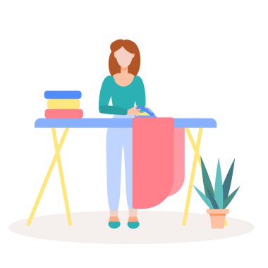 Genç bir kız bir kurulda giysilerini ütülüyor. Bir yığın ütülenmiş kıyafet, bir ütü. Bir kadın ev işi yapar. Ev aktivitesi. Beyaz bir arka planda izole edilmiş. Düz biçimli vektör illüstrasyonu.