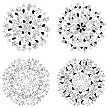 Beyaz arka planda yaprakları olan sevimli Doodle mandalaları koleksiyonu. Daire şeklinde dizilmiş bir dizi botanik element. Boyama sayfaları için el çizimi vektör çizimi ve yetişkinler ve çocuklar için sanat kitapları.
