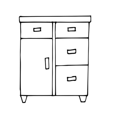Vektör çizimi. Vektör çizimi. Modern komodin. Çizim stili. Doğrusal bir model. Beyaz arka planda siyah ve beyaz karalamalar. Yatak odası, çalışma odası, oturma odası..