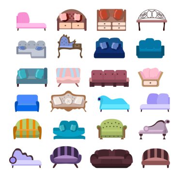 29 farklı koltuk ve kanepe seti. Daireler ve ofisler için mobilyalar. İç tasarım için konforlu dinlenme odası koleksiyonu. İzole. Retro-stil. Kanepe simgelerinin farklı modelleri.