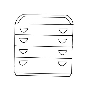 Vektör çizimi. Dört çekmecesi ve katlama masası olan modern çekmeceler. Çizim stili. Doğrusal bir model. Beyaz arka planda siyah ve beyaz karalamalar. Yatak odası, çalışma odası, oturma odası..