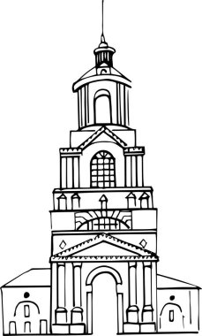 El yapımı Rus Ortodoks Kilisesi. Suzdal 'daki bir manastırın vektör siyah-beyaz çizimi. Rus mimarisi. Eskiz stili. İzole edilmiş