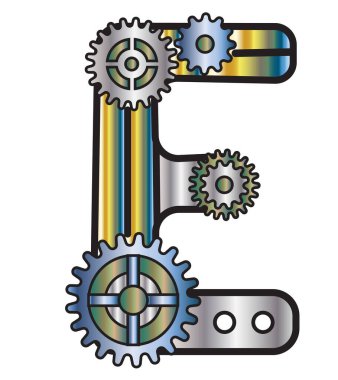 Steampunk stilindeki yazı tipi. Vitesli mekanik metal alfabesi. Logo ve metin için eski bir steampunk alfabesinin E harfi vektör çizimi. Tasarım ve dekorasyon için..