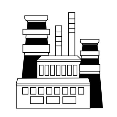 Beyaz zemin üzerinde izole edilmiş doğrusal biçiminde vektör fabrikası simgesi. Endüstriyel yapı kavramı. Sanayi kompleksi. Bacaları, boruları ve rezervleri olan bir enerji santrali..