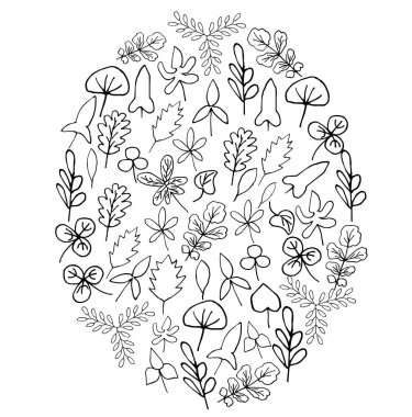 Paskalya yumurtası yapraklar ve bitkilerle süslenmiş. - Eski tarz. Bayram tebrik kartları ve davetiyeler için tasarım. Çocuklar ve yetişkinler için boyama kitabı.