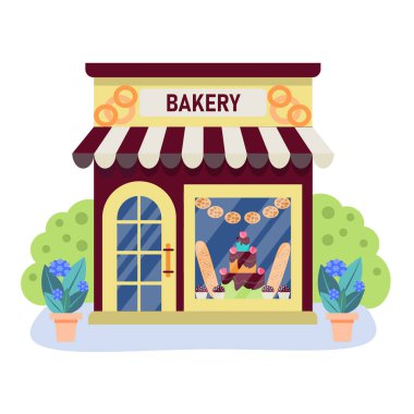 Bir pastanenin vektör çizimi. Mağaza binasının dış cephesinin çizimi. Mağaza cephesi beyaz arka planda izole edilmiş. Düz biçimli vektör illüstrasyonu