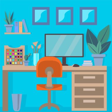 Samimi ev ofisi. Sanatçının masası. Masanın üzerinde kalemler, fırçalar, bilgisayarlar, kapalı alan çiçekleri olan bir stand var. Eviniz güzelmiş. Karantina sırasında serbest çalışmak. Düz biçimli vektör illüstrasyonu .