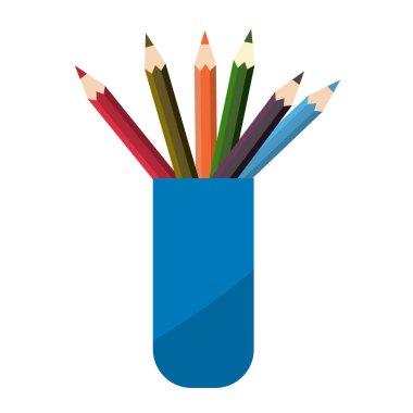 Kalem ve kalem standı beyaz arka planda izole edilmiş. Plastik bir stantta bir sürü renkli kalem var. Mavi kalem kutusu. Ön manzara. Düz biçimli vektör illüstrasyonu.