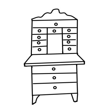 Doodle tarzında çizilmiş antik bir büro. Beyaz arka planda izole edilmiş antika dolaplar koleksiyonu. İçerisi için mobilya ve dekoratif öğeler. Elle çizilmiş vektör çizimi.