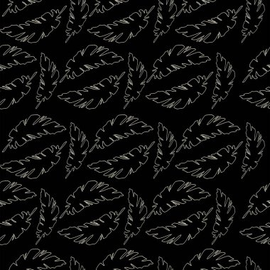 Siyah arkaplandaki altın tüylerin kusursuz deseni. Muz izinlerinin şirin siyah arkaplanı. Tropikal yaprakların vektör arkaplanı. Duvar kağıdı dekorasyonu için düz stil vektör illüstrasyonu