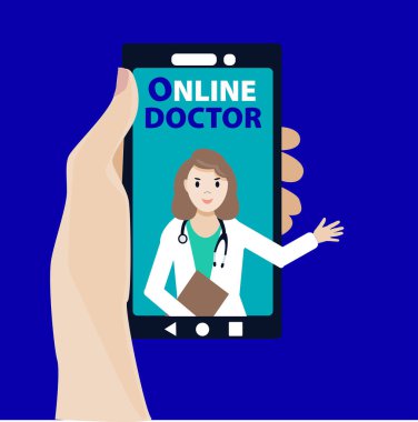 Kavram. Çevrimiçi Tıbbi Danışmanlık. Smartphone Uygulaması vasıtasıyla Doktora Telefon Video Görüşmesi. Çevrimiçi Tıbbi Danışmanlık. Telefonu tut. Kadın doktor. Düz stil vektör illüstrasyonu..